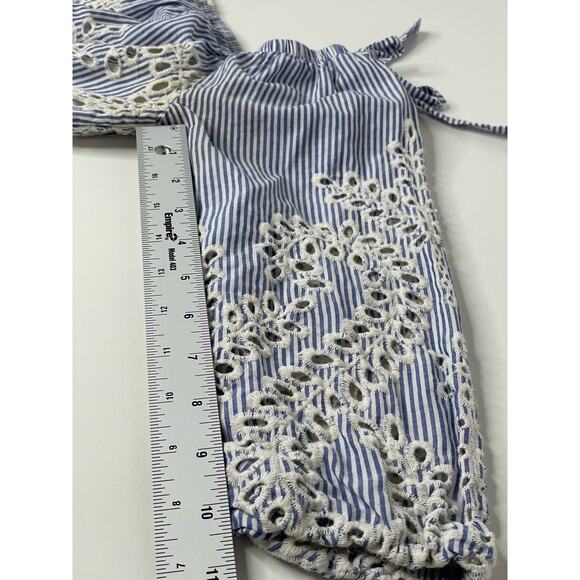 Express Blouse Eyelet Off the Shoulder Striped 3/4 Sleeve Cotton Lined Blue S - Picture 11 of 12